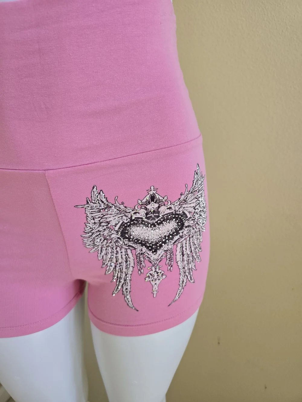 High-Waist Pink Winged Heart Bike Shorts